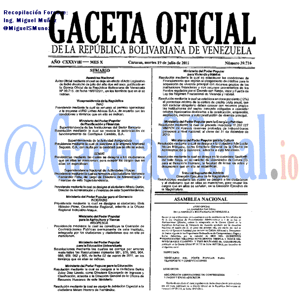 Gaceta Oficial 39716 del 19 Julio 2011