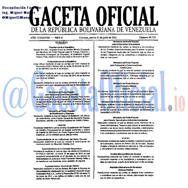 Gaceta Oficial 39718 del 21 Julio 2011