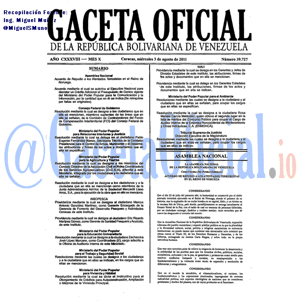 Gaceta Oficial 39727 del 3 Agosto 2011