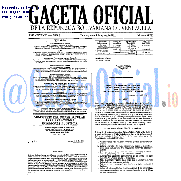 Gaceta Oficial 39730 del 8 Agosto 2011