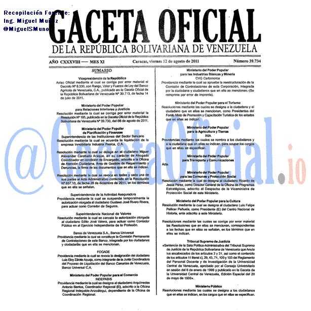 Gaceta Oficial 39734 del 12 Agosto 2011
