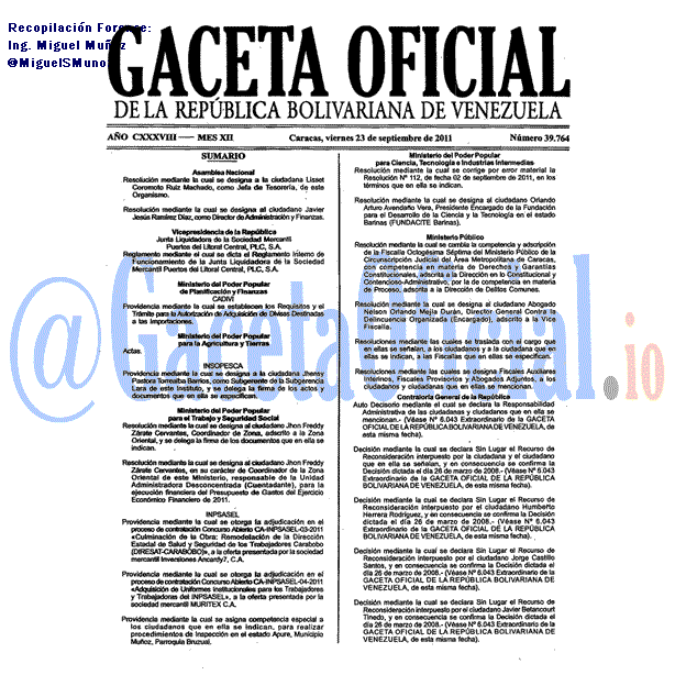 Gaceta Oficial 39764 del 23 Septiembre 2011