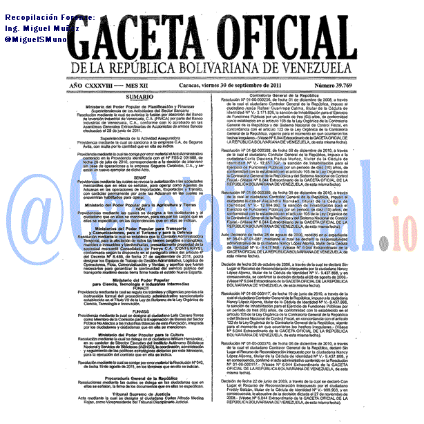 Gaceta Oficial 39769 del 30 Septiembre 2011
