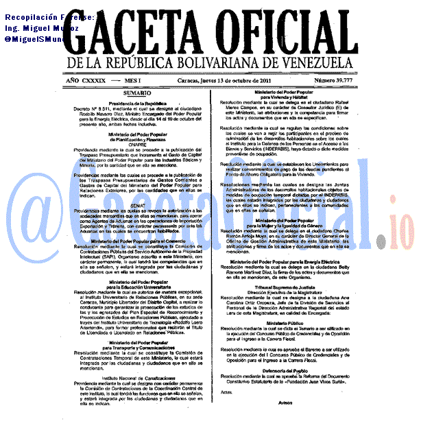 Gaceta Oficial 39777 del 13 Octubre 2011