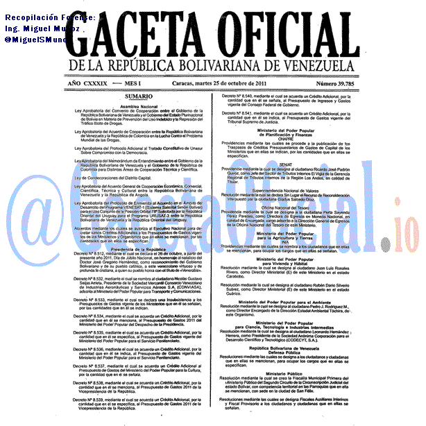 Gaceta Oficial 39785 del 25 Octubre 2011