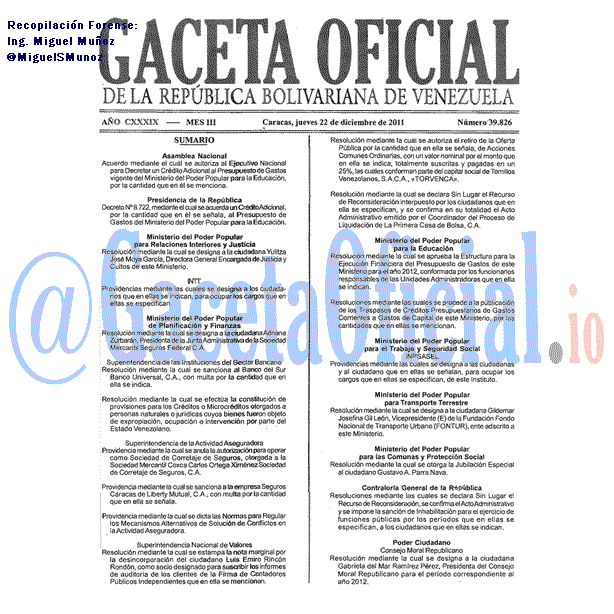 Gaceta Oficial 39826 del 22 Diciembre 2011