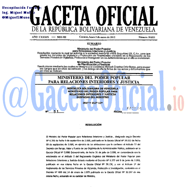 Gaceta Oficial 39833 del 2 Enero 2012
