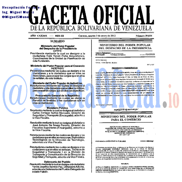 Gaceta Oficial 39834 del 3 Enero 2012