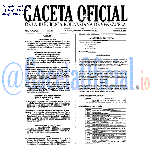 Gaceta Oficial 39835 del 4 Enero 2012