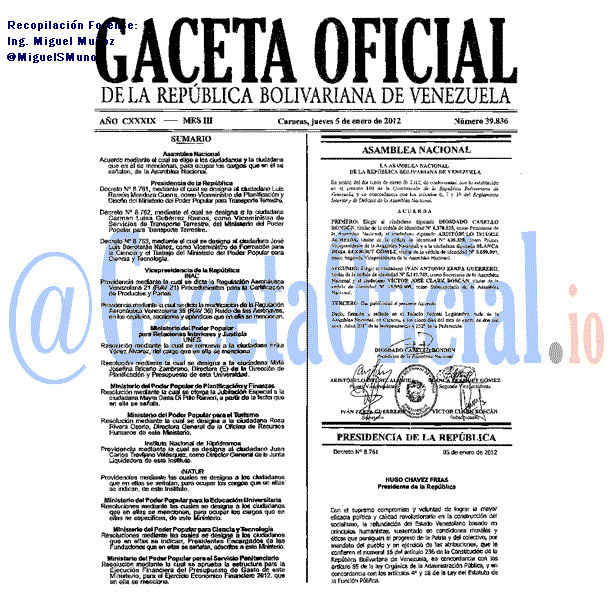 Gaceta Oficial 39836 del 5 Enero 2012