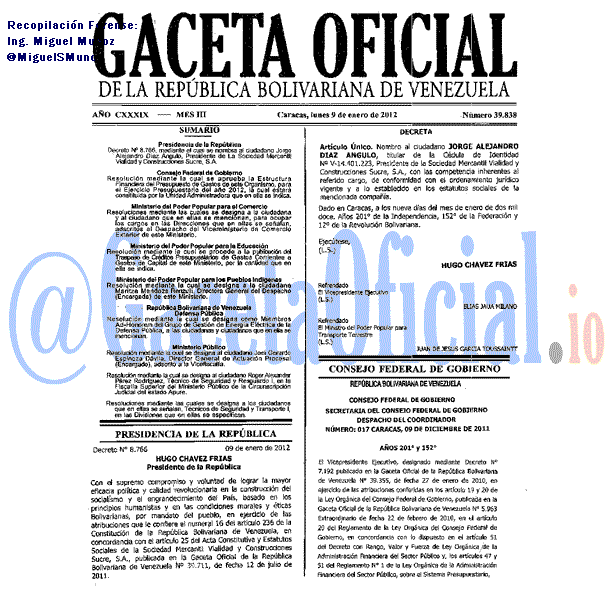 Gaceta Oficial 39838 del 9 Enero 2012