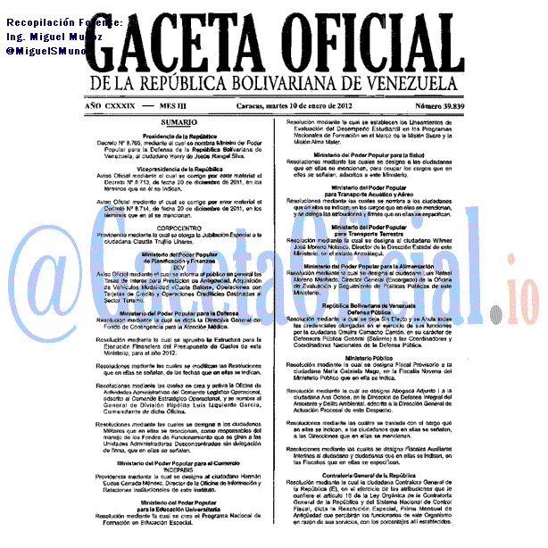 Gaceta Oficial 39839 del 10 Enero 2012