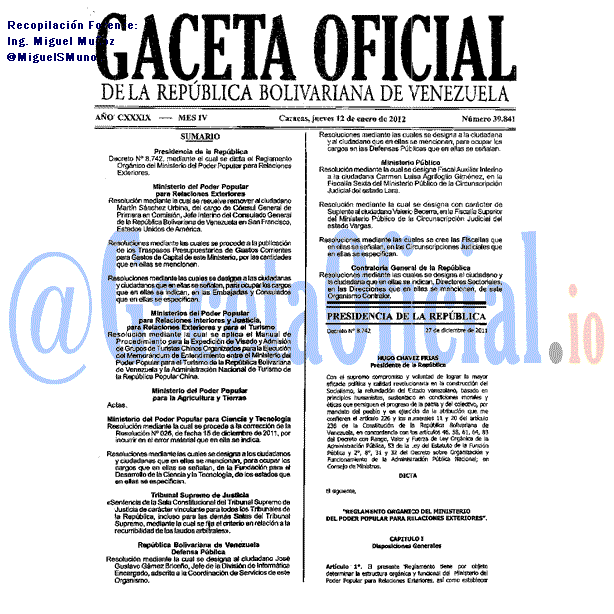 Gaceta Oficial 39841 del 12 Enero 2012