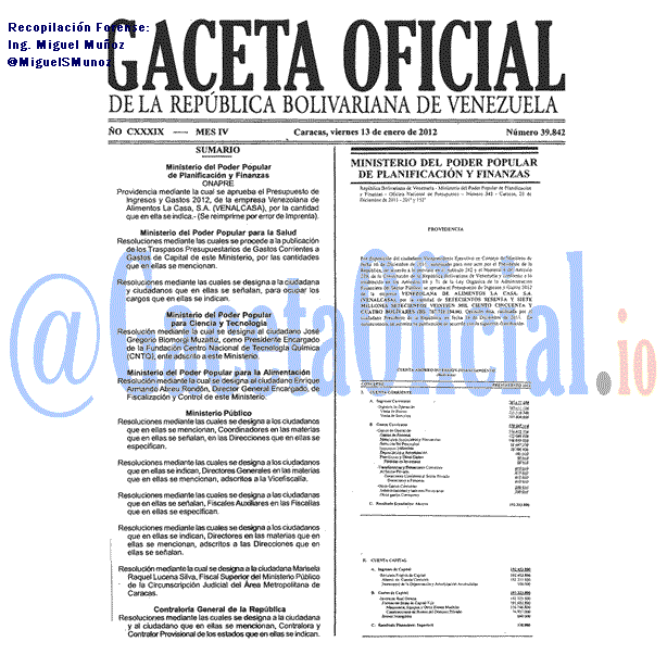 Gaceta Oficial 39842 del 13 Enero 2012