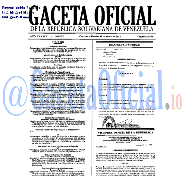 Gaceta Oficial 39845 del 18 Enero 2012
