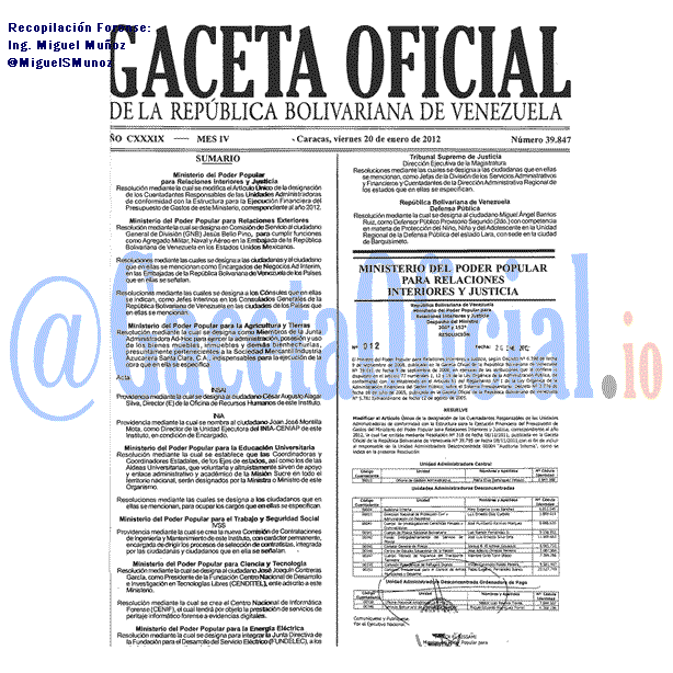 Gaceta Oficial 39847 del 20 Enero 2012