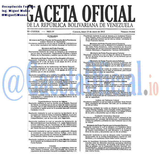 Gaceta Oficial 39848 del 23 Enero 2012