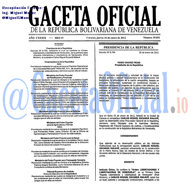 Gaceta Oficial 39851 del 26 Enero 2012