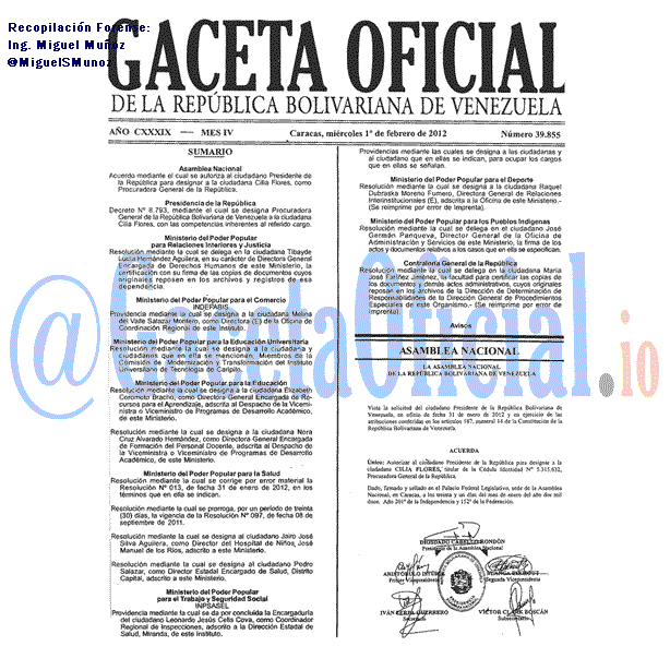 Gaceta Oficial 39855 del 1 Febrero 2012