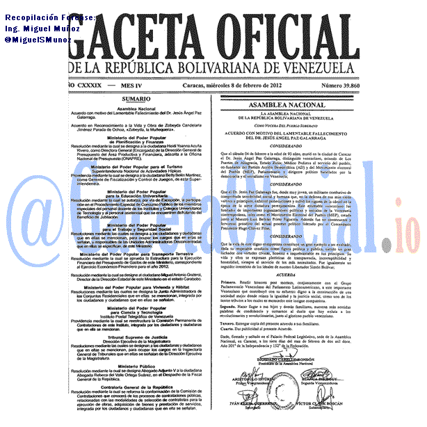 Gaceta Oficial 39860 del 8 Febrero 2012