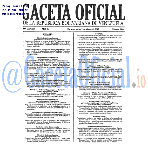 Gaceta Oficial 39861 del 9 Febrero 2012