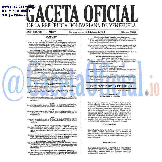 Gaceta Oficial 39864 del 14 Febrero 2012