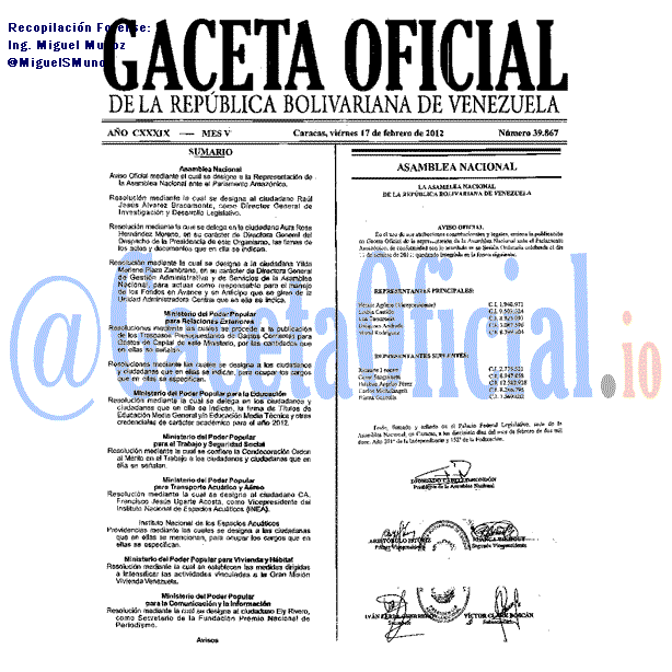 Gaceta Oficial 39867 del 17 Febrero 2012