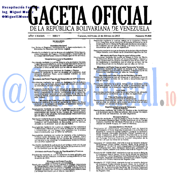 Gaceta Oficial 39868 del 22 Febrero 2012