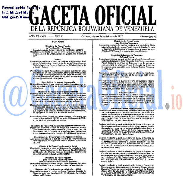 Gaceta Oficial 39870 del 24 Febrero 2012