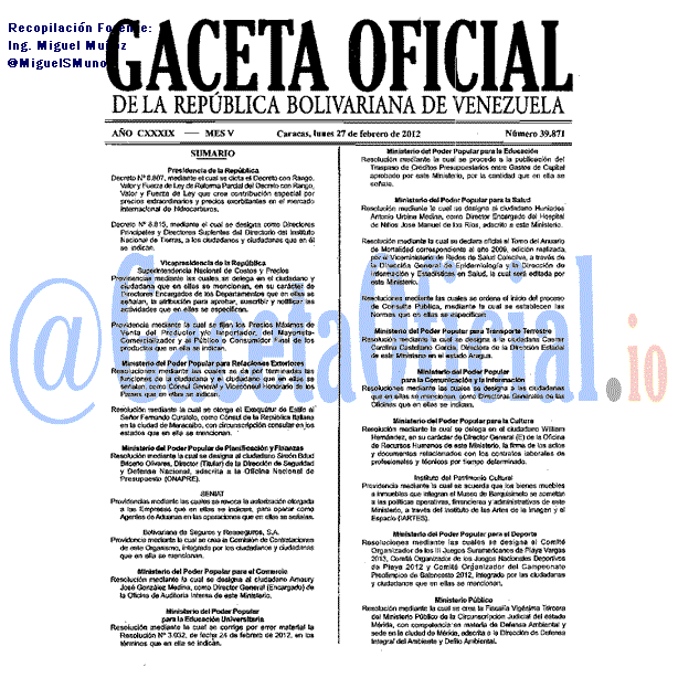 Gaceta Oficial 39871 del 27 Febrero 2012