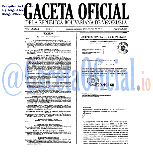 Gaceta Oficial 39873 del 29 Febrero 2012