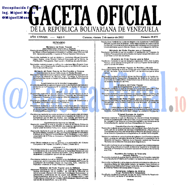 Gaceta Oficial 39875 del 2 Marzo 2012