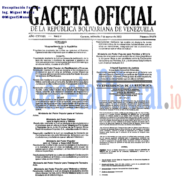 Gaceta Oficial 39878 del 7 Marzo 2012