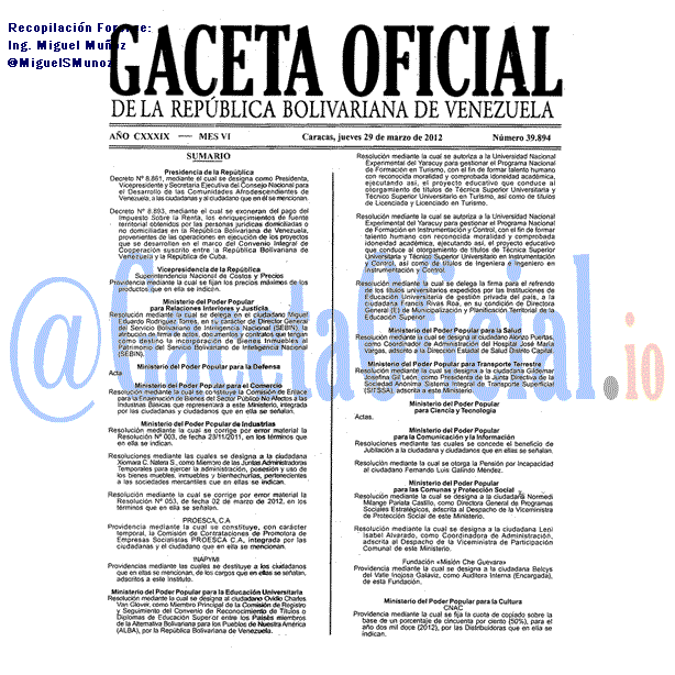 Gaceta Oficial 39894 del 29 Marzo 2012