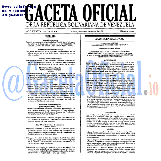 Gaceta Oficial 39909 del 25 Abril 2012