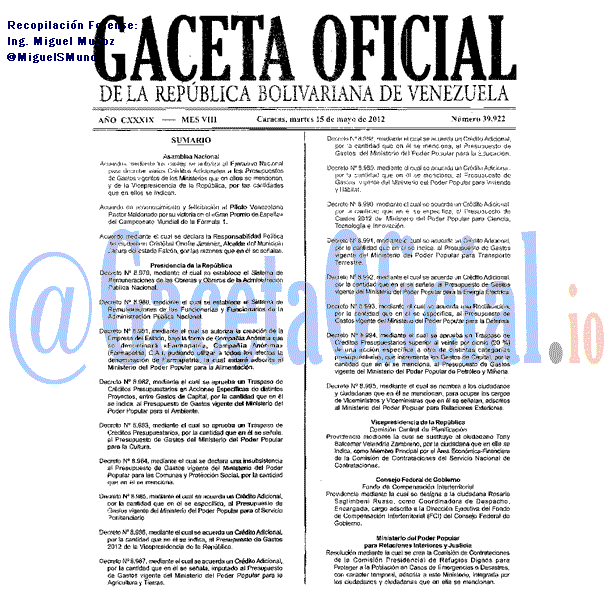 Gaceta Oficial 39922 del 15 Mayo 2012