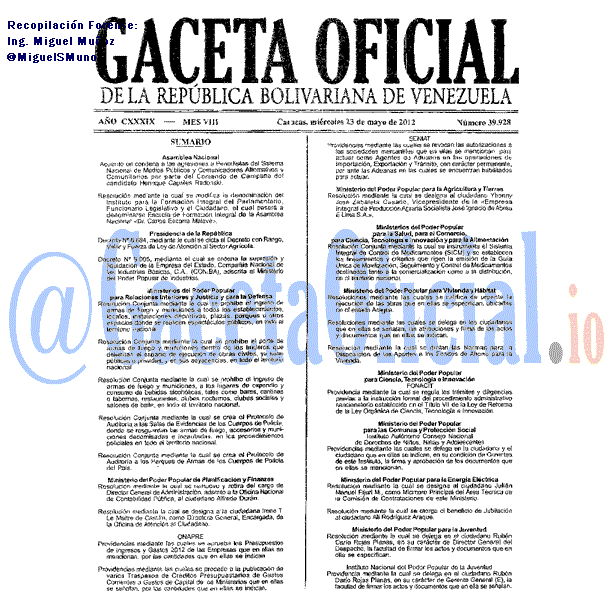 Gaceta Oficial 39928 del 23 Mayo 2012