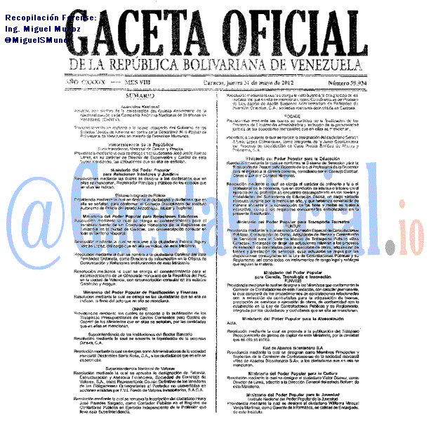 Gaceta Oficial 39934 del 31 Mayo 2012