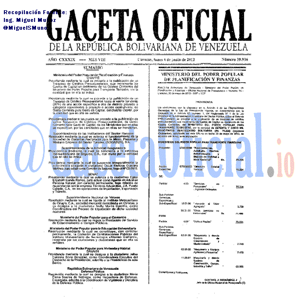 Gaceta Oficial 39936 del 4 Junio 2012