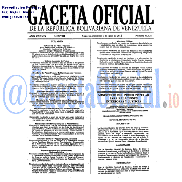 Gaceta Oficial 39938 del 6 Junio 2012