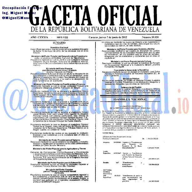 Gaceta Oficial 39939 del 7 Junio 2012