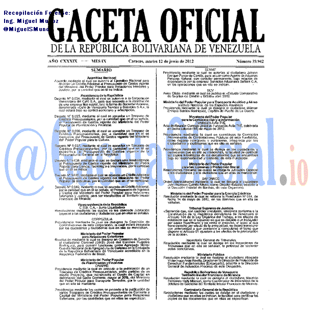 Gaceta Oficial 39942 del 12 Junio 2012