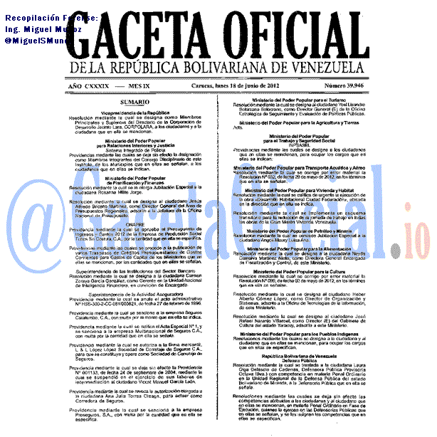 Gaceta Oficial 39946 del 18 Junio 2012