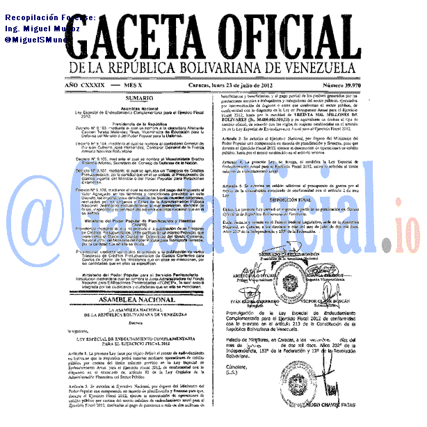 Gaceta Oficial 39970 del 23 Julio 2012