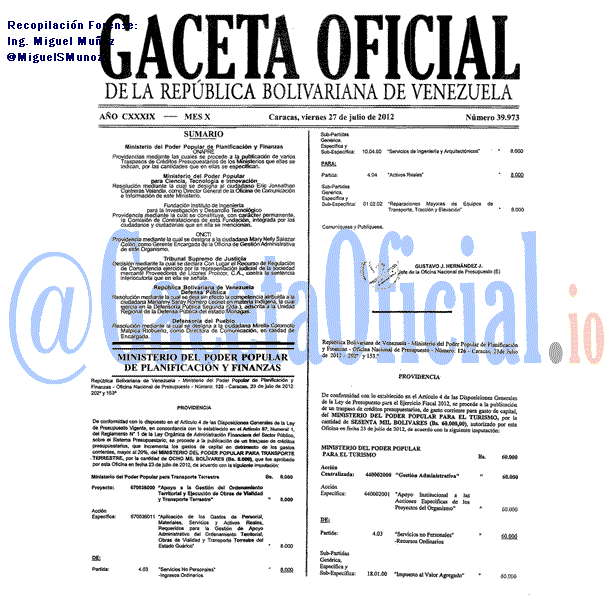 Gaceta Oficial 39973 del 27 Julio 2012