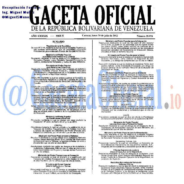 Gaceta Oficial 39974 del 30 Julio 2012