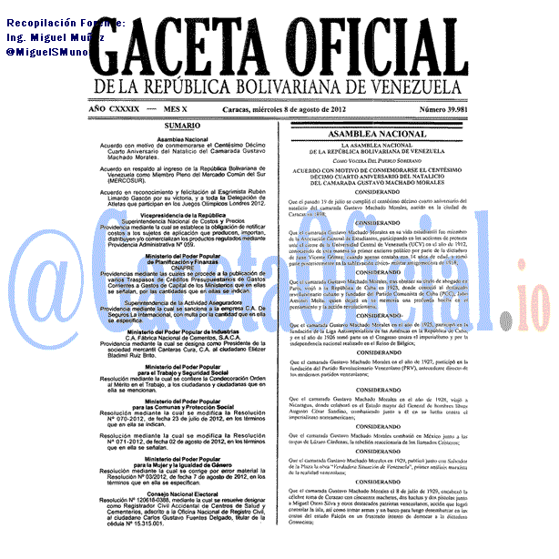 Gaceta Oficial 39981 del 8 Agosto 2012