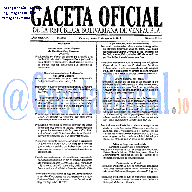 Gaceta Oficial 39990 del 21 Agosto 2012