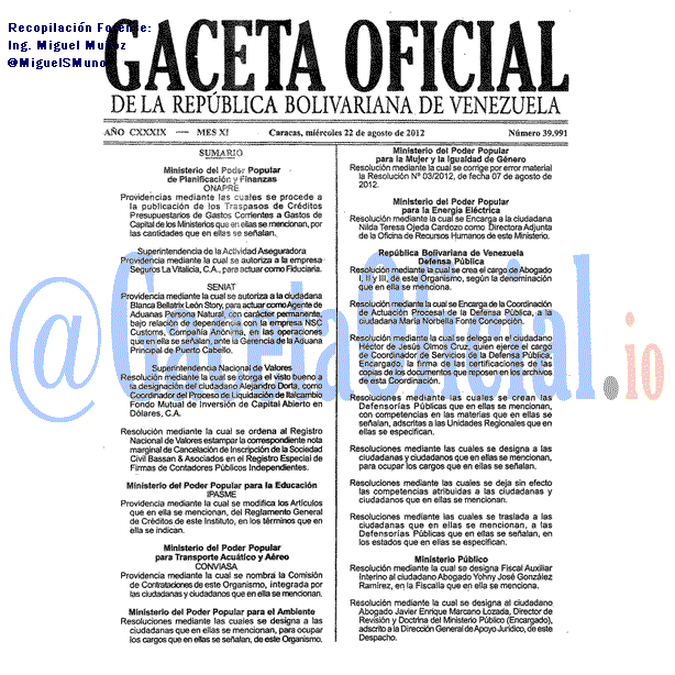 Gaceta Oficial 39991 del 22 Agosto 2012