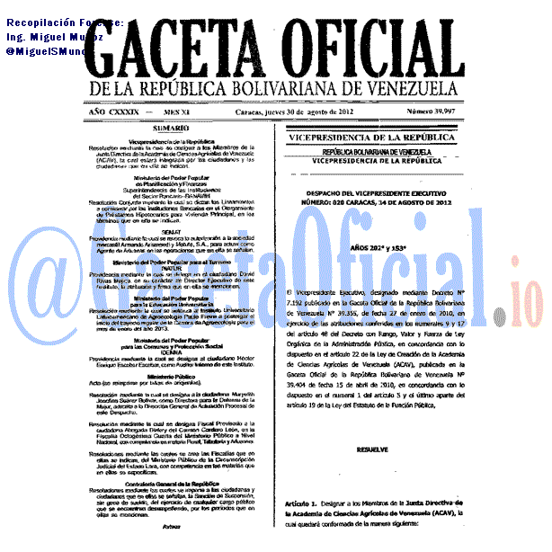 Gaceta Oficial 39997 del 30 Agosto 2012